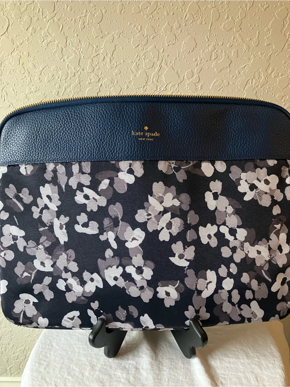 Kate Spade: Blue Leather Floral Laptop Sleeve- Padded- Gold Tone